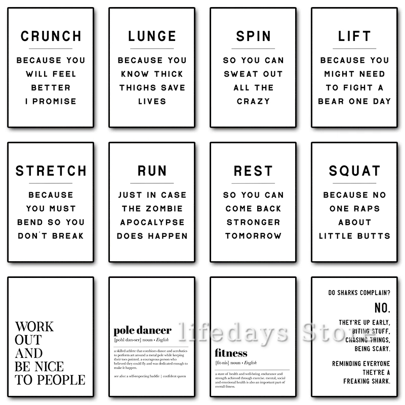 Home Gym Minimalist - Pósteres con citas divertidas para entrenamiento